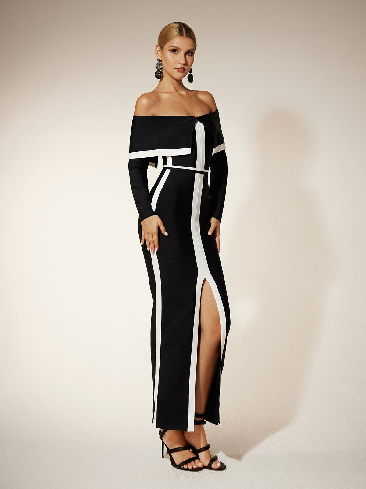 Off Shoulder Folded Collar Long Sleeve Bandage High Split Maxi Dress - View 4