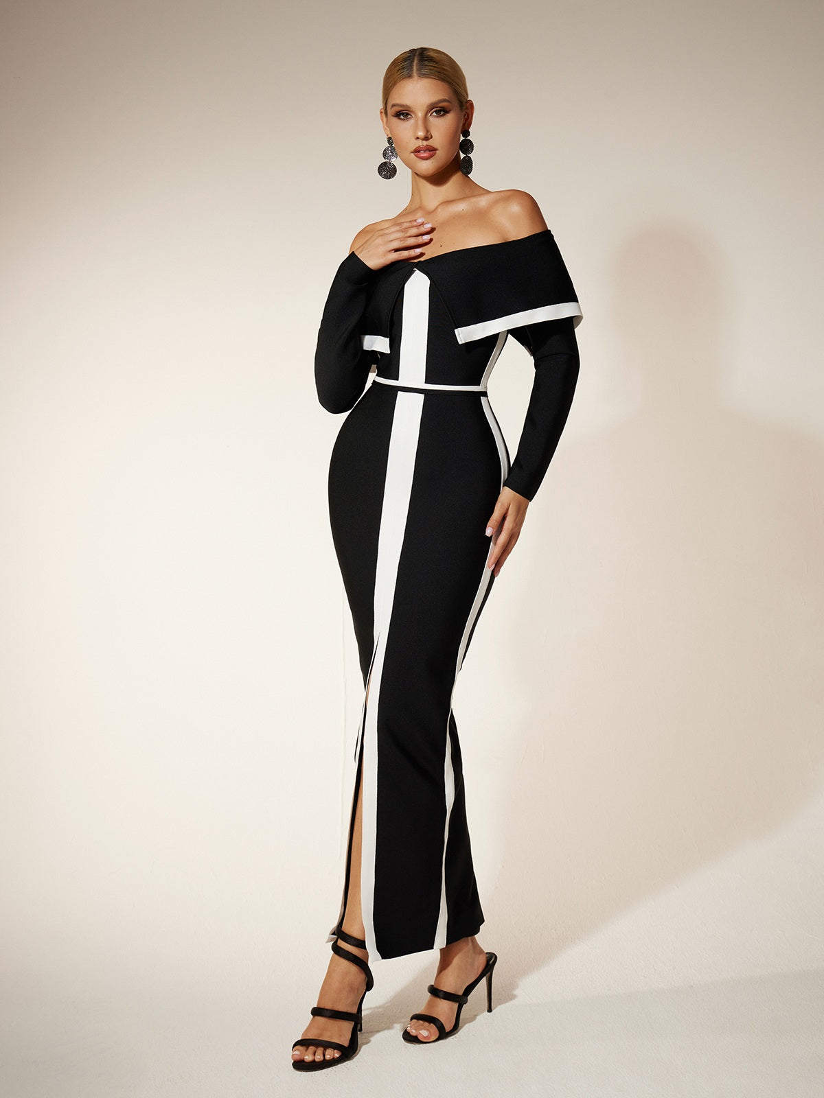 Off Shoulder Folded Collar Long Sleeve Bandage High Split Maxi Dress - View 2