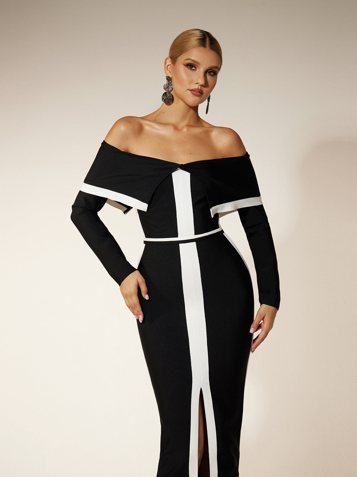 Off Shoulder Folded Collar Long Sleeve Bandage High Split Maxi Dress - View 5
