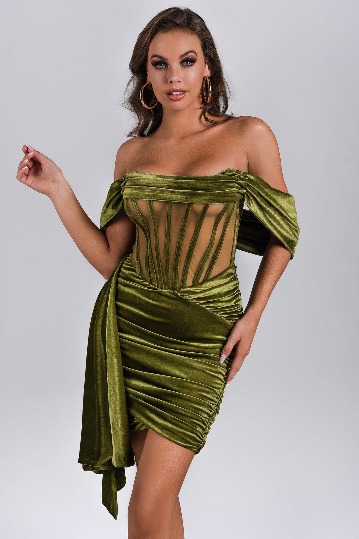 Velvet Off Shoulder Corset Ruched Bodycon Mini Dress