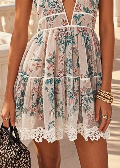 Elegant Apricot Deep-V Neck Print Chiffon Mini Dress Summer - View 4