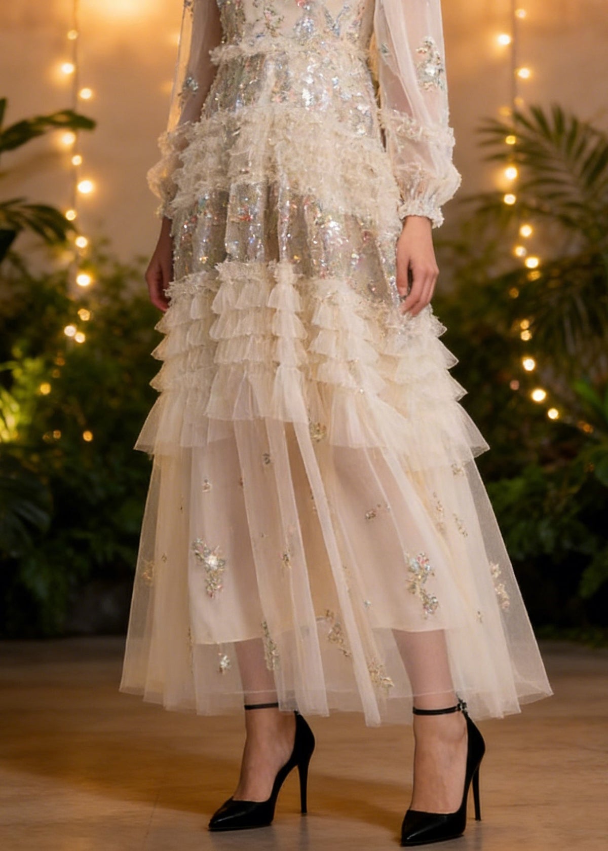 Elegant Apricot Embroidered Ruffled Patchwork Tulle Long Dresses Spring - View 4