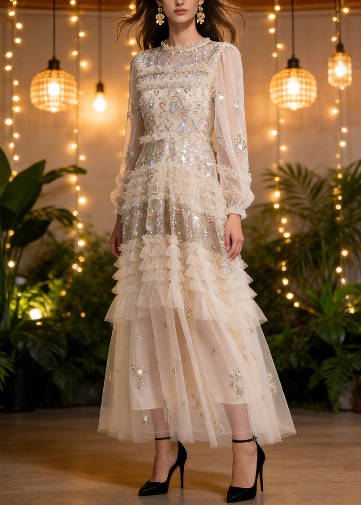 Elegant Apricot Embroidered Ruffled Patchwork Tulle Long Dresses Spring - View 5