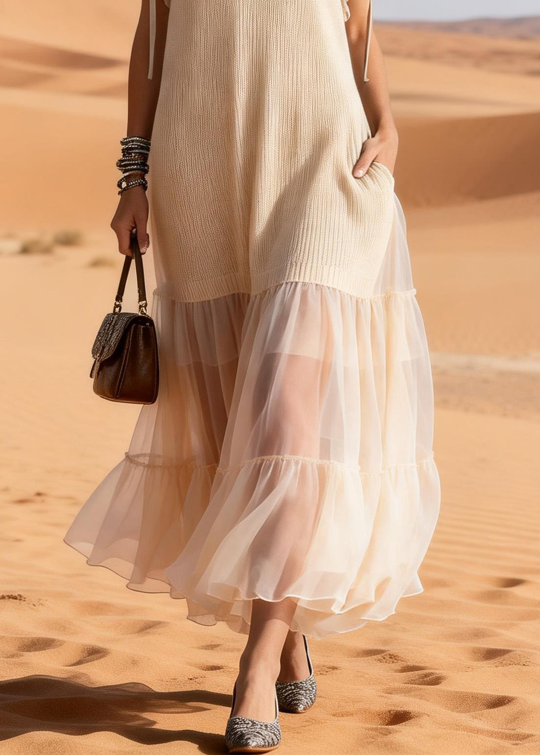 Elegant Apricot Ruffled Tulle Patchwork Knit Maxi Dress Summer - View 4