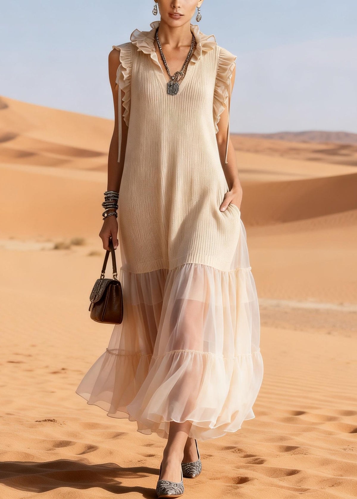 Elegant Apricot Ruffled Tulle Patchwork Knit Maxi Dress Summer - View 5