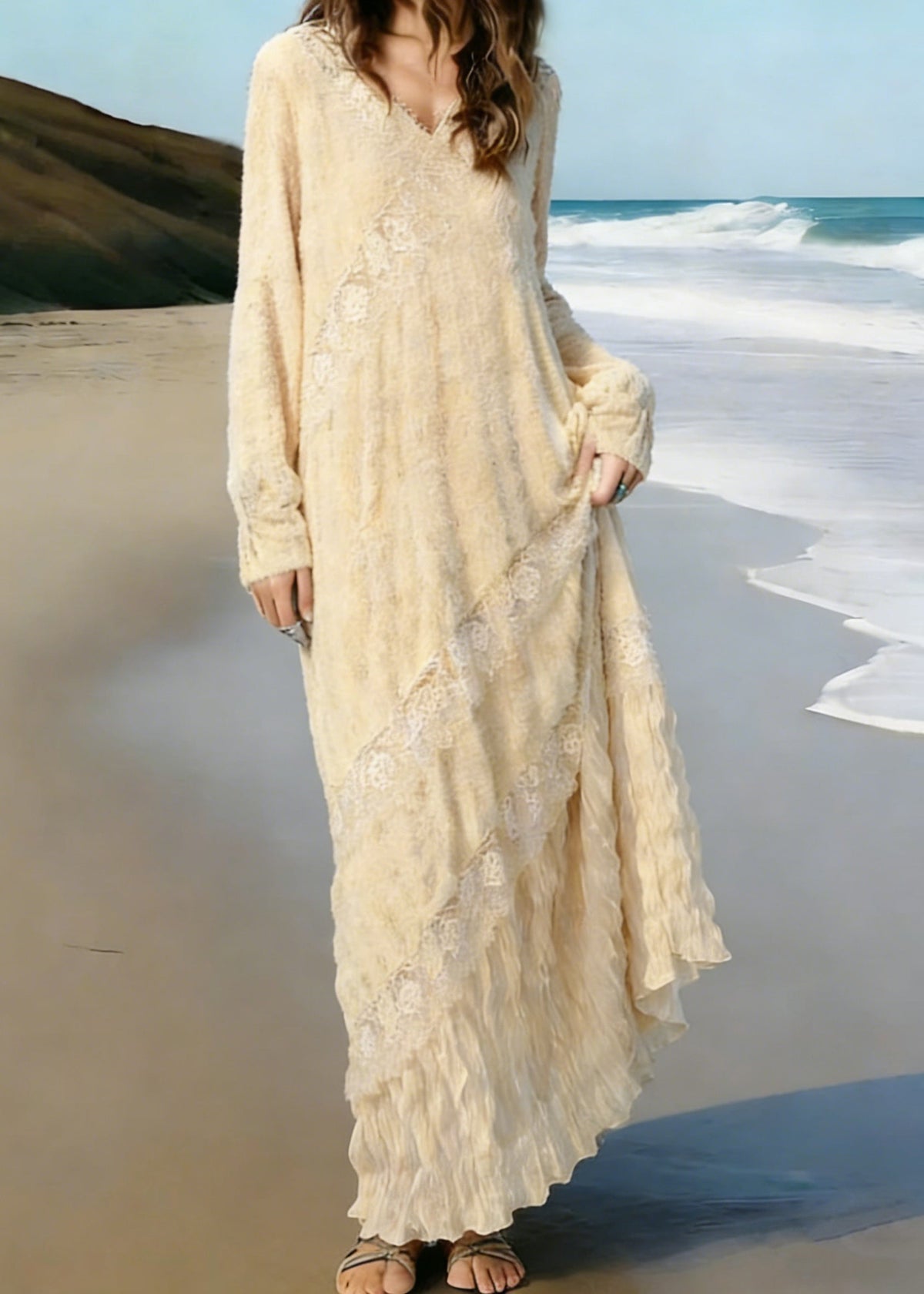 Lace Deep V-Neck Long Sleeve Diagonal Panel Ruffle Flounce Maxi Dress - View 5
