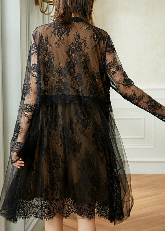 Floral Lace Button Front Mesh Overlay Eyelash Trim Midi Dress - View 4
