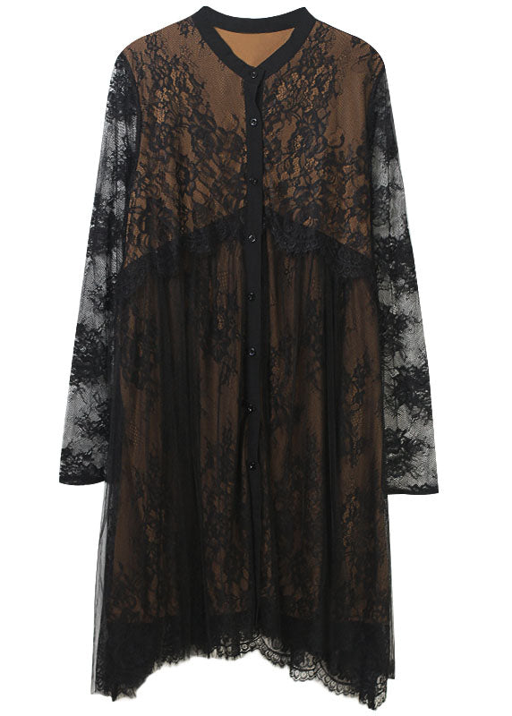 Floral Lace Button Front Mesh Overlay Eyelash Trim Midi Dress - View 5