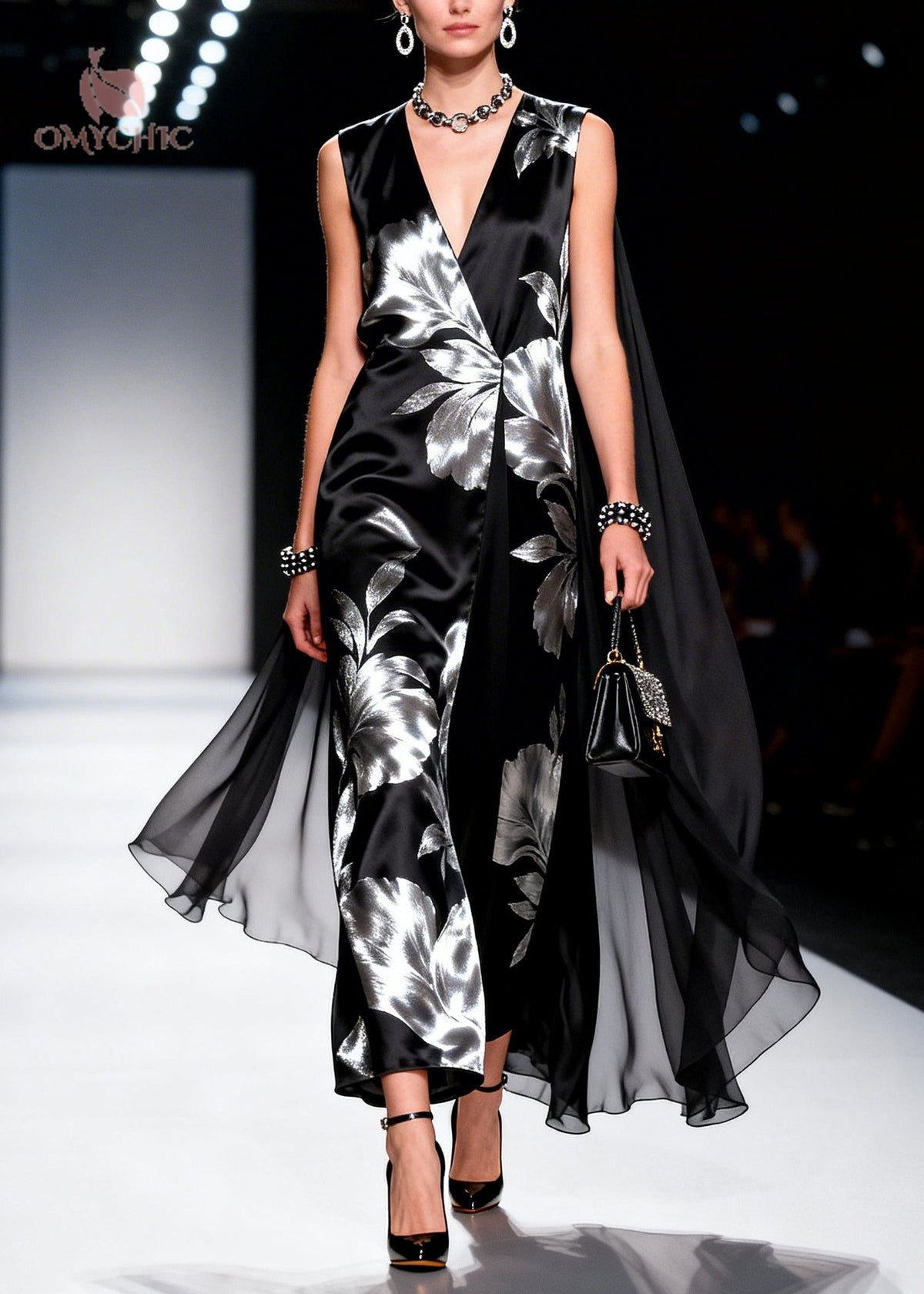 Metallic Floral Print Deep V-Neck Sleeveless Cape Maxi Gown