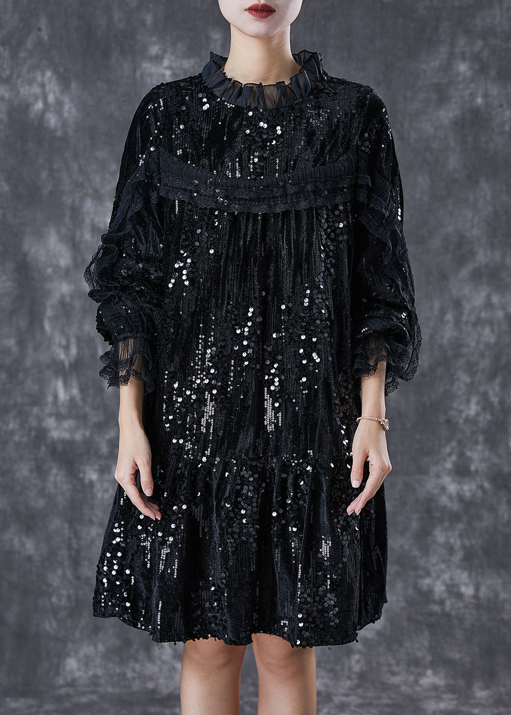 Sequin Velvet Ruffle Neck Tiered Long Sleeve Mini Dress - View 2