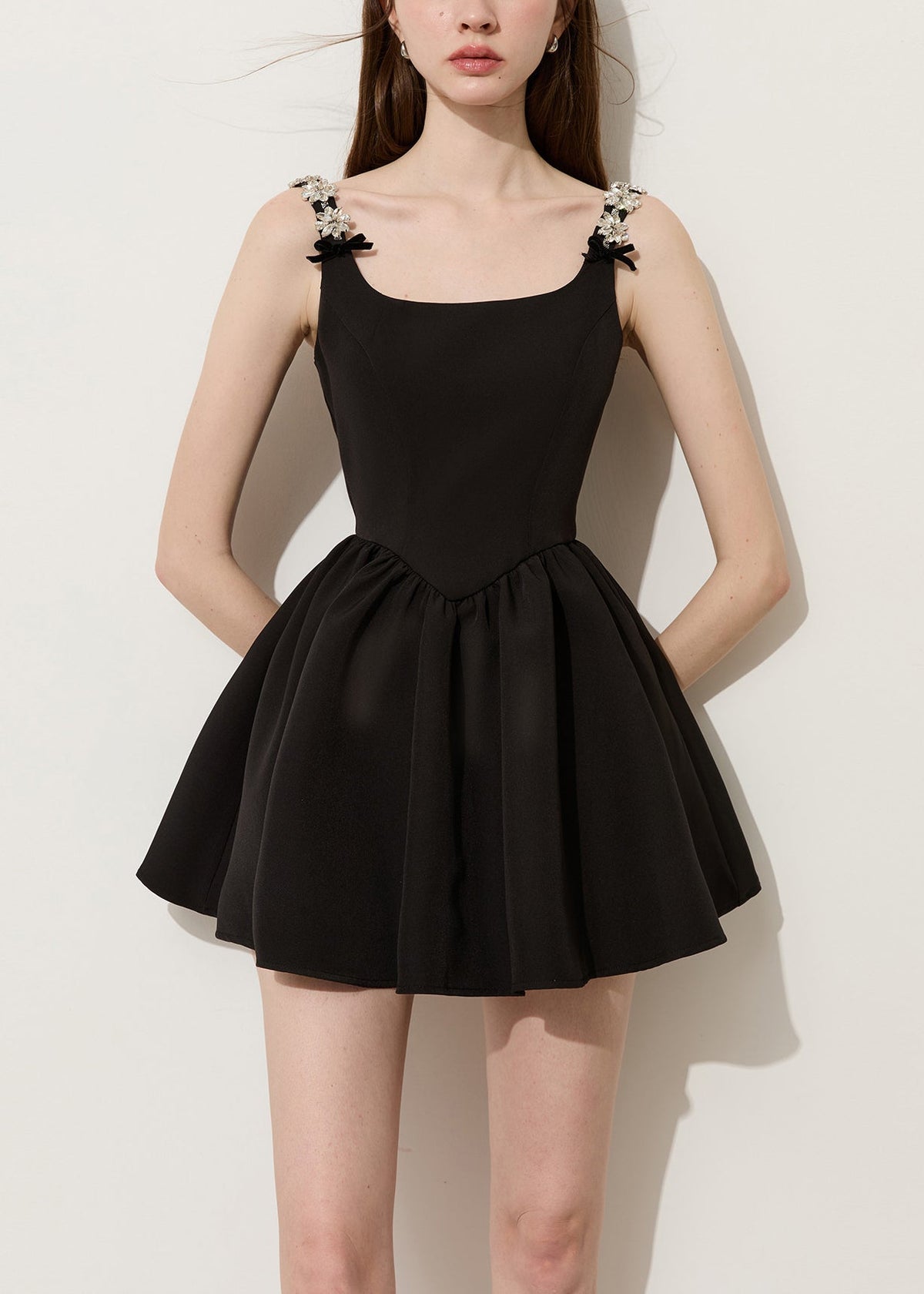 U Neck Rhinestone Floral Mini Dress - View 2