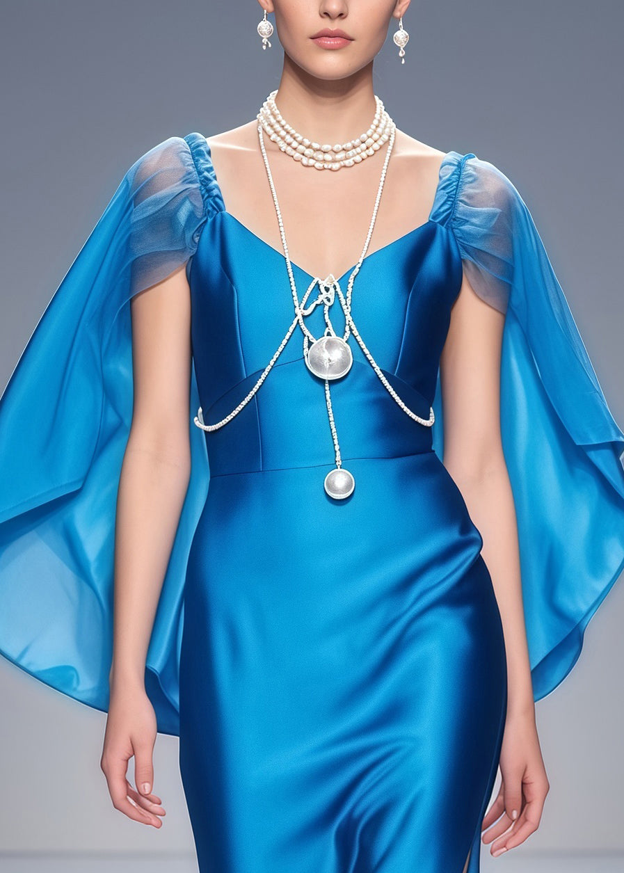 Satin Sweetheart Spaghetti Strap Cape Sleeve Tulle Hem Maxi Gown - View 2