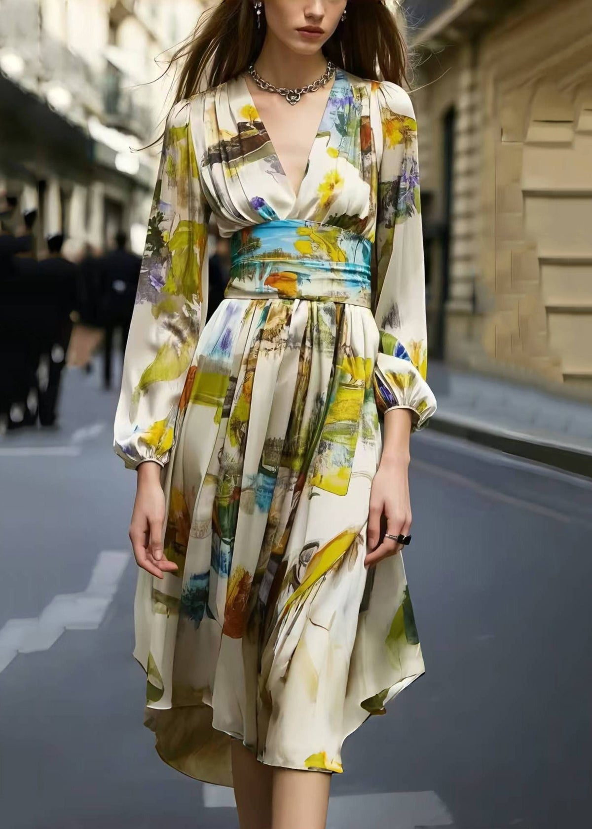 Abstract Print Deep V-Neck Long Sleeve Cinched Waist Midi Dress - View 3