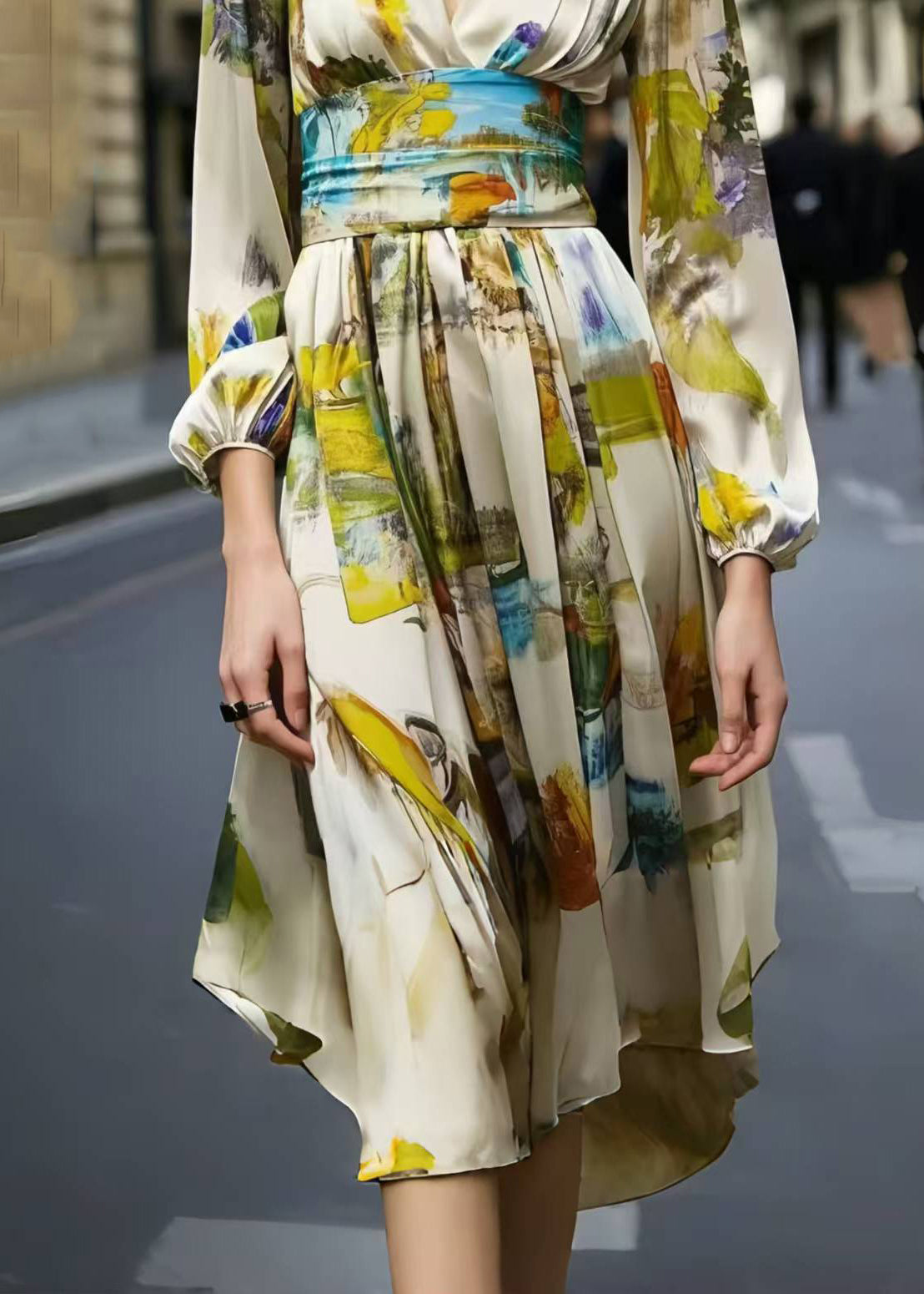 Abstract Print Deep V-Neck Long Sleeve Cinched Waist Midi Dress - View 4