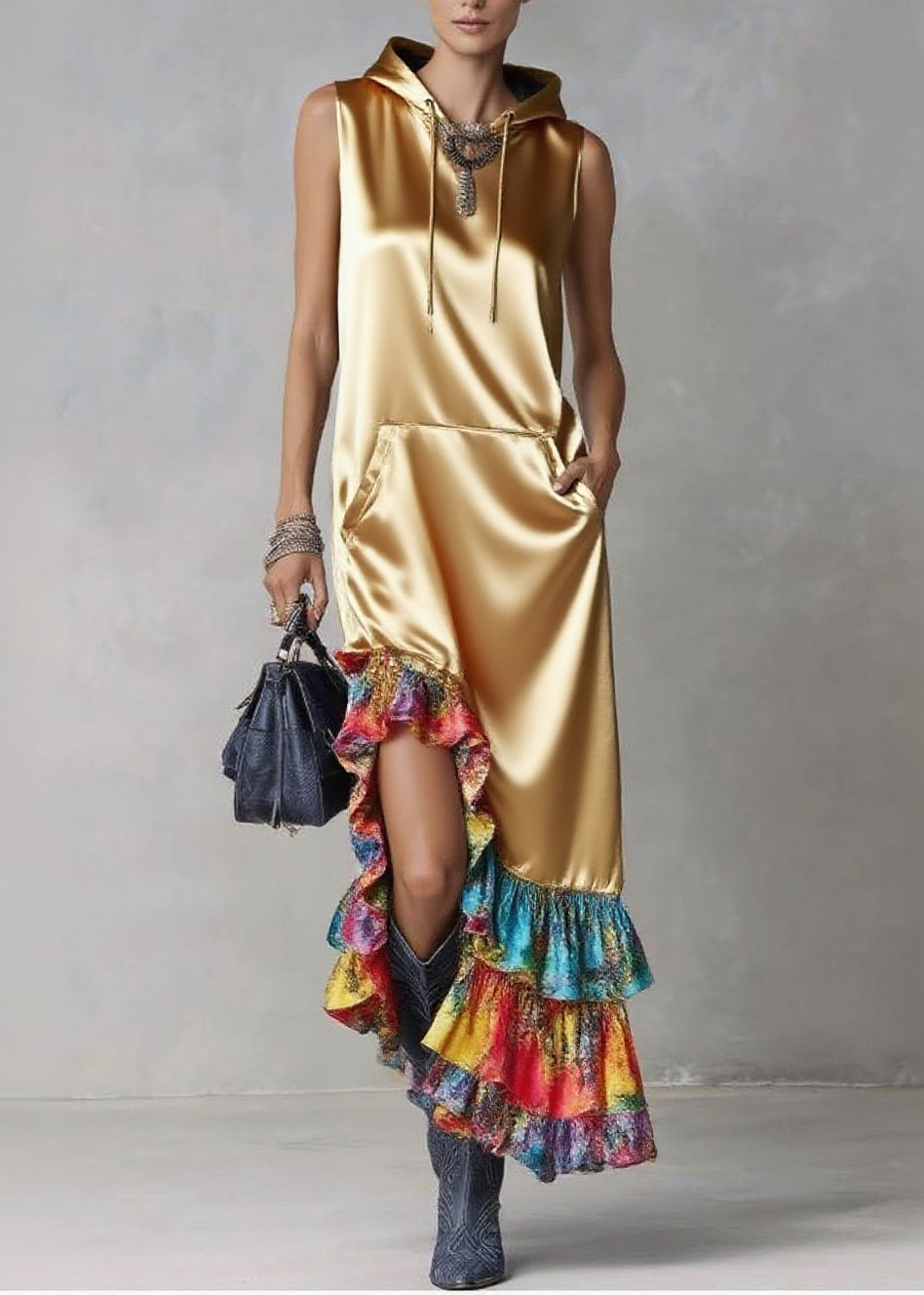Satin Hooded Sleeveless Kangaroo Pocket Tiered Ruffle Maxi Dress - View 3