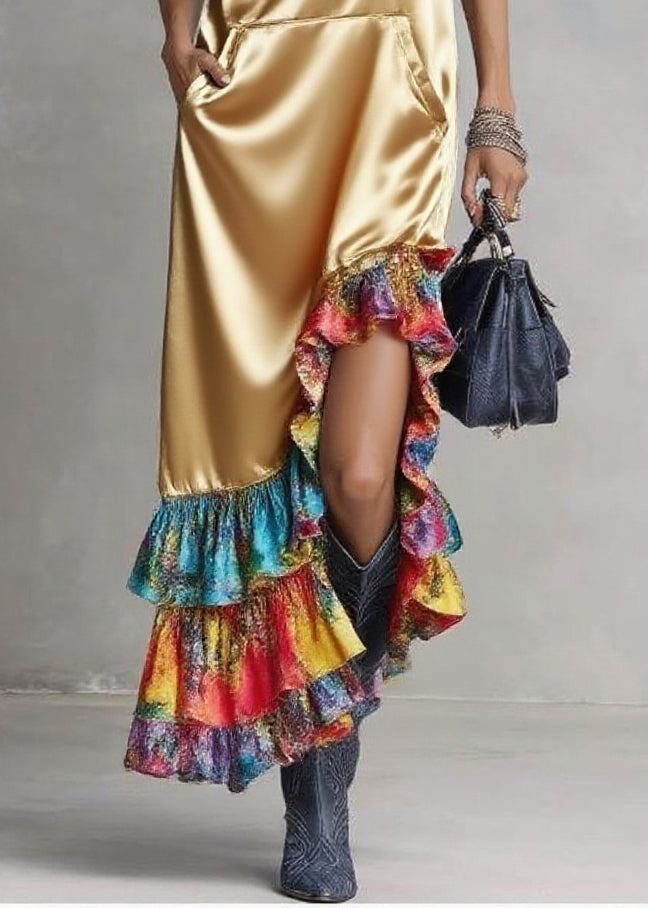 Satin Hooded Sleeveless Kangaroo Pocket Tiered Ruffle Maxi Dress - View 4
