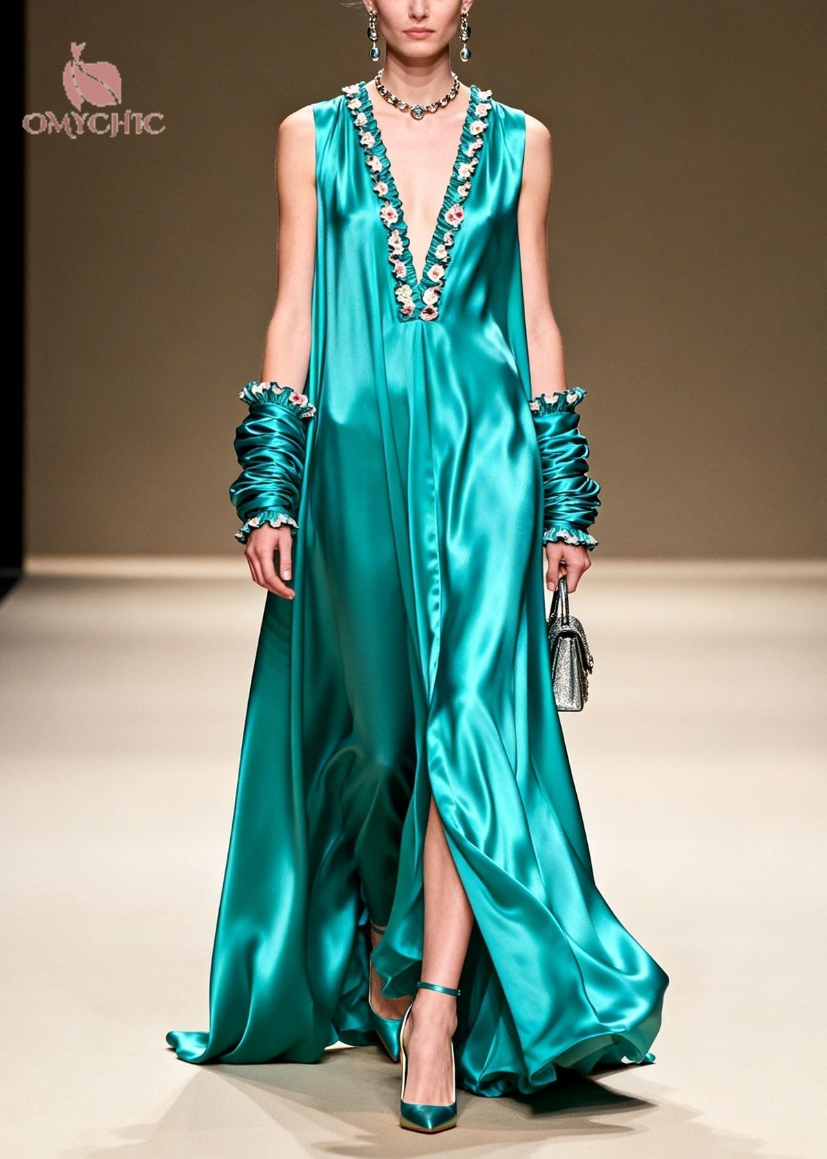Satin Ruffle Floral Trim Deep V-Neck High Split Maxi Gown
