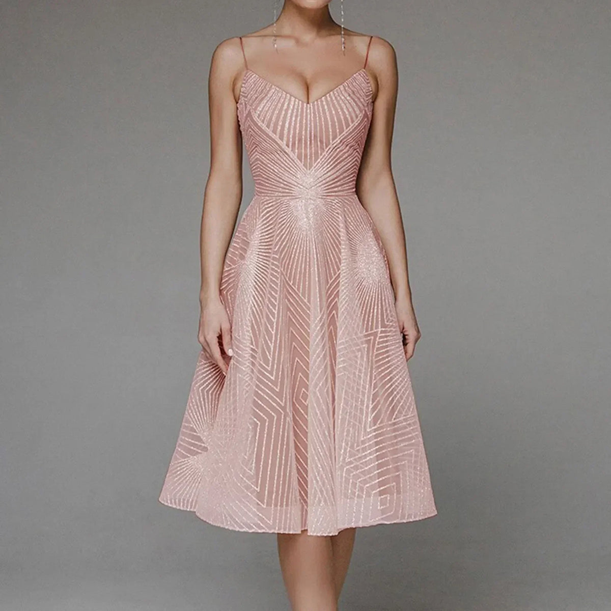 Glitter Spaghetti Strap V-Neck A-Line Midi Party Dress - View 11