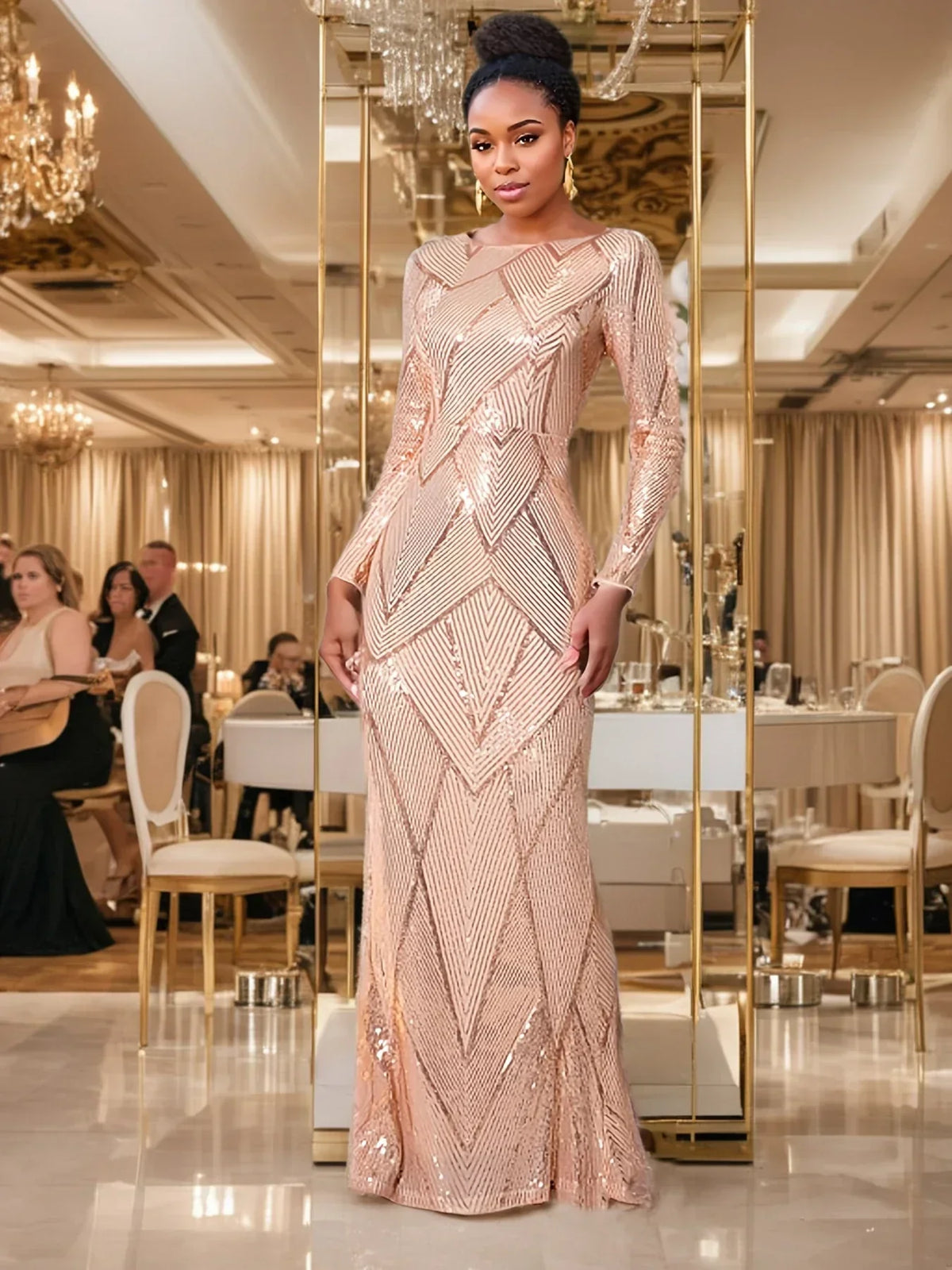 Boat Neck Long Sleeve Geometric Sequin Mermaid Maxi Gown