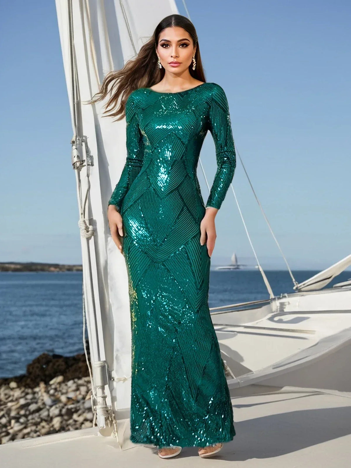Boat Neck Long Sleeve Geometric Sequin Mermaid Maxi Gown 8