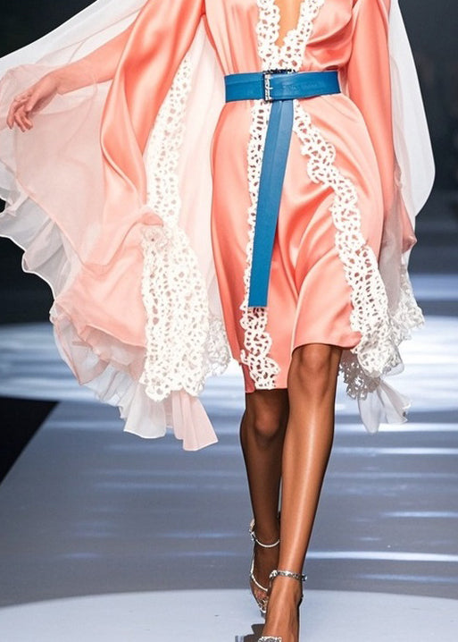 Deep V-Neck Lace Trim Satin Belted Cape Sleeve Knee Length Dress - View 4