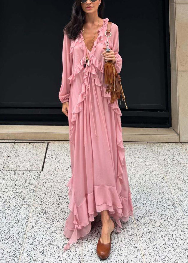 Elegant Pink V Neck Ruffled Chiffon Long Dress Fall - View 3