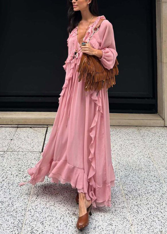 Elegant Pink V Neck Ruffled Chiffon Long Dress Fall - View 4