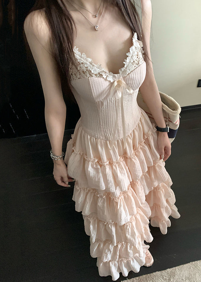 Elegant Pink V Neck Ruffled Lace Spaghetti Strap Dress Sleeveless - View 4