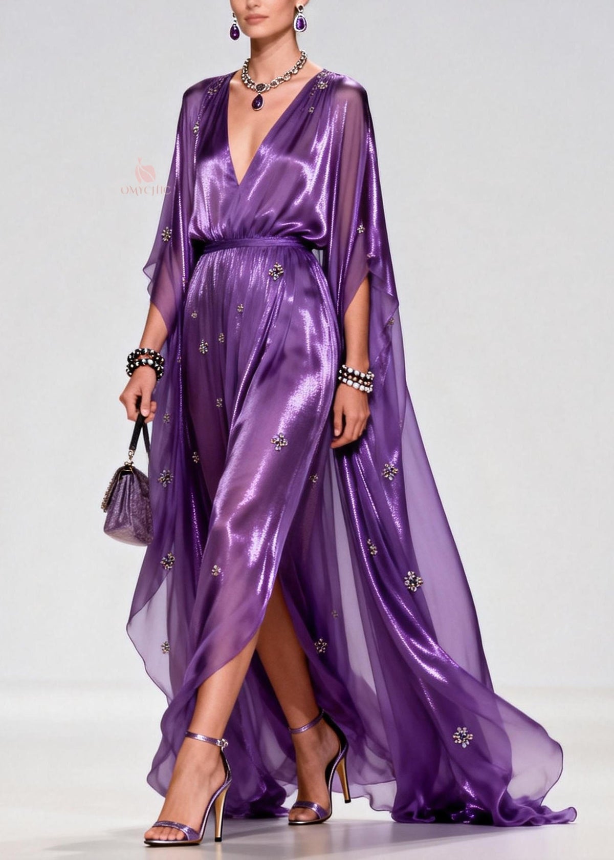 Metallic Deep V-Neck Cape Sleeve Rhinestone High Split Maxi Gown