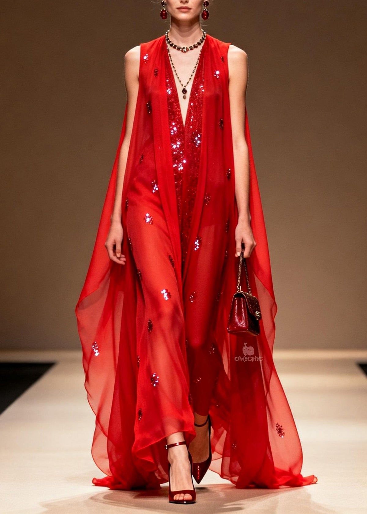 Sequin Scatter Deep V-Neck Sheer Cape Overlay Maxi Gown - View 3