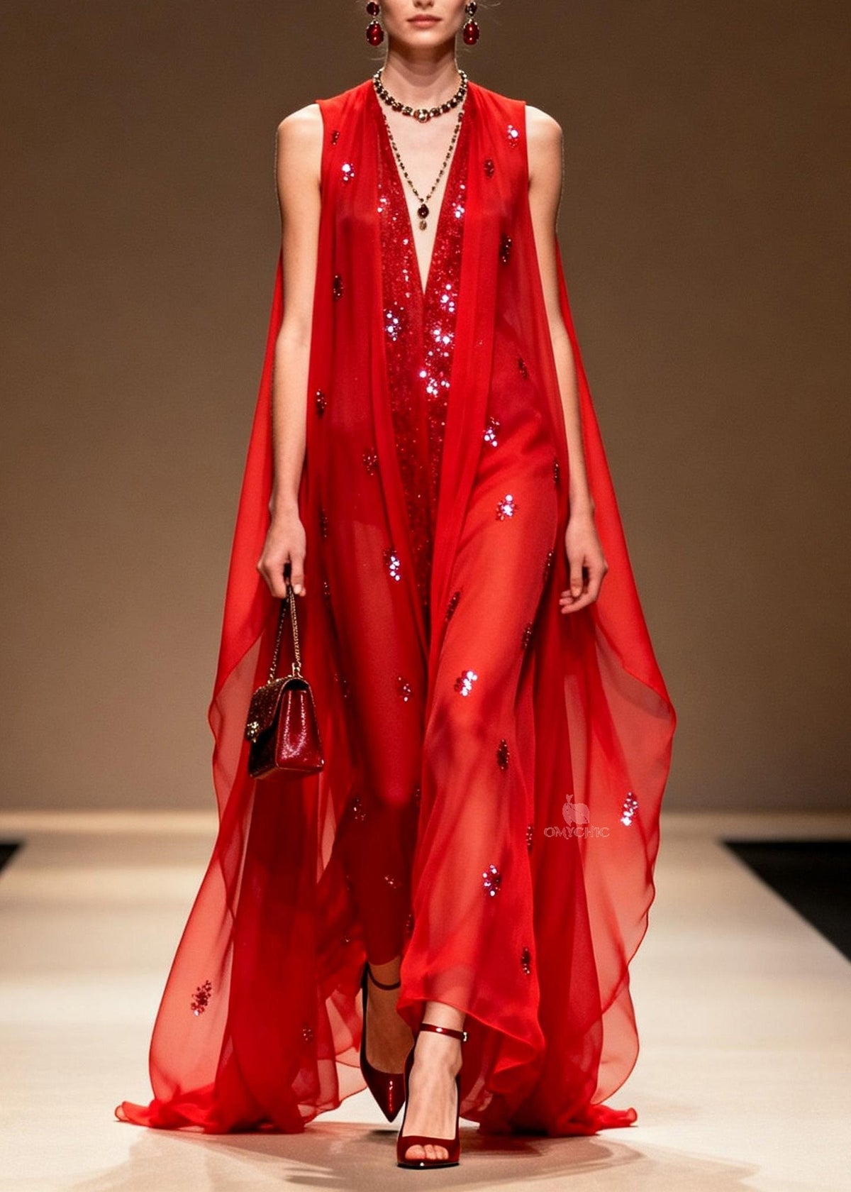 Sequin Scatter Deep V-Neck Sheer Cape Overlay Maxi Gown - View 5