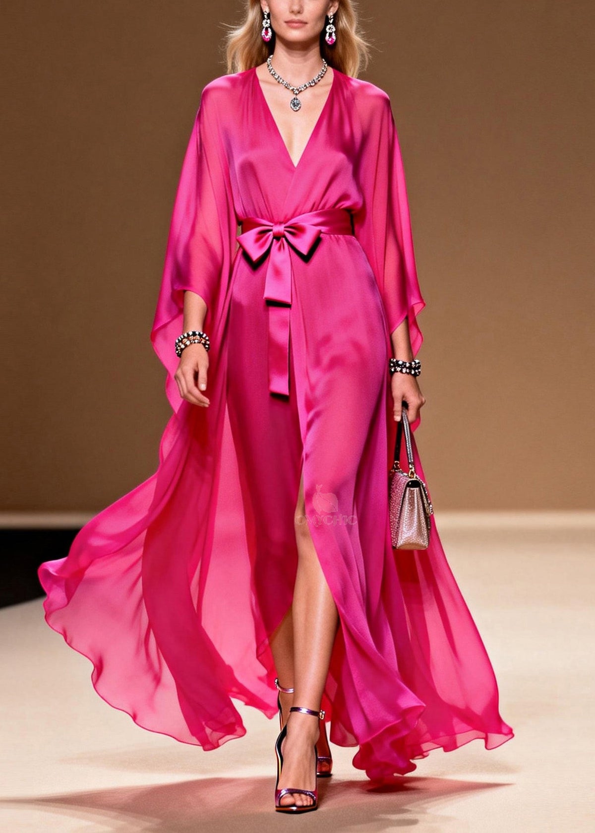 Chiffon Deep V-Neck Wrap Belted Bow Sheer Sleeve High Split Maxi Gown - View 3