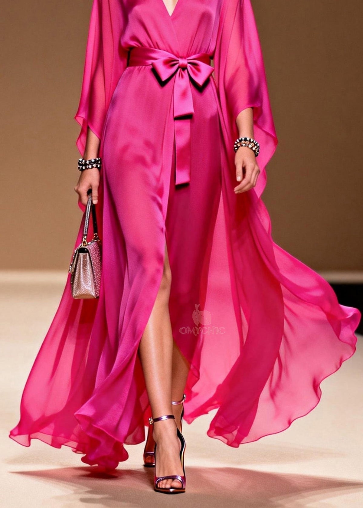 Chiffon Deep V-Neck Wrap Belted Bow Sheer Sleeve High Split Maxi Gown - View 4