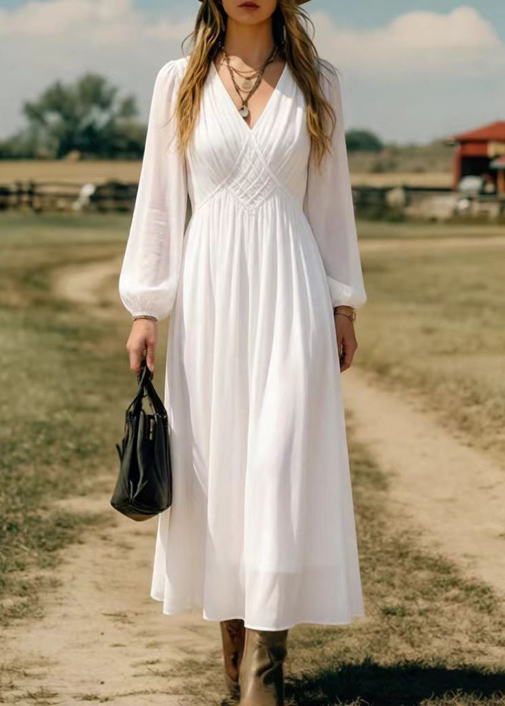 Chiffon Deep V-Neck Bishop Sleeve Lattice Empire Waist Maxi Dress - View 5