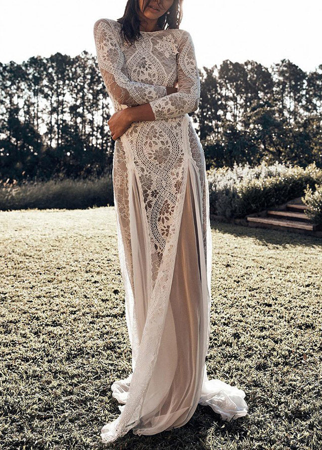 Elegant White Backless Hollow Out Lace Maxi Dresses Spring - View 2