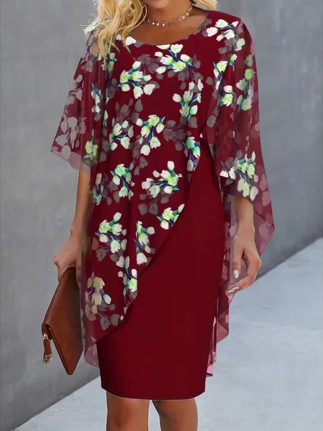 Floral Chiffon Cape Sleeve Overlay Sheath Knee Length Dress - View 2
