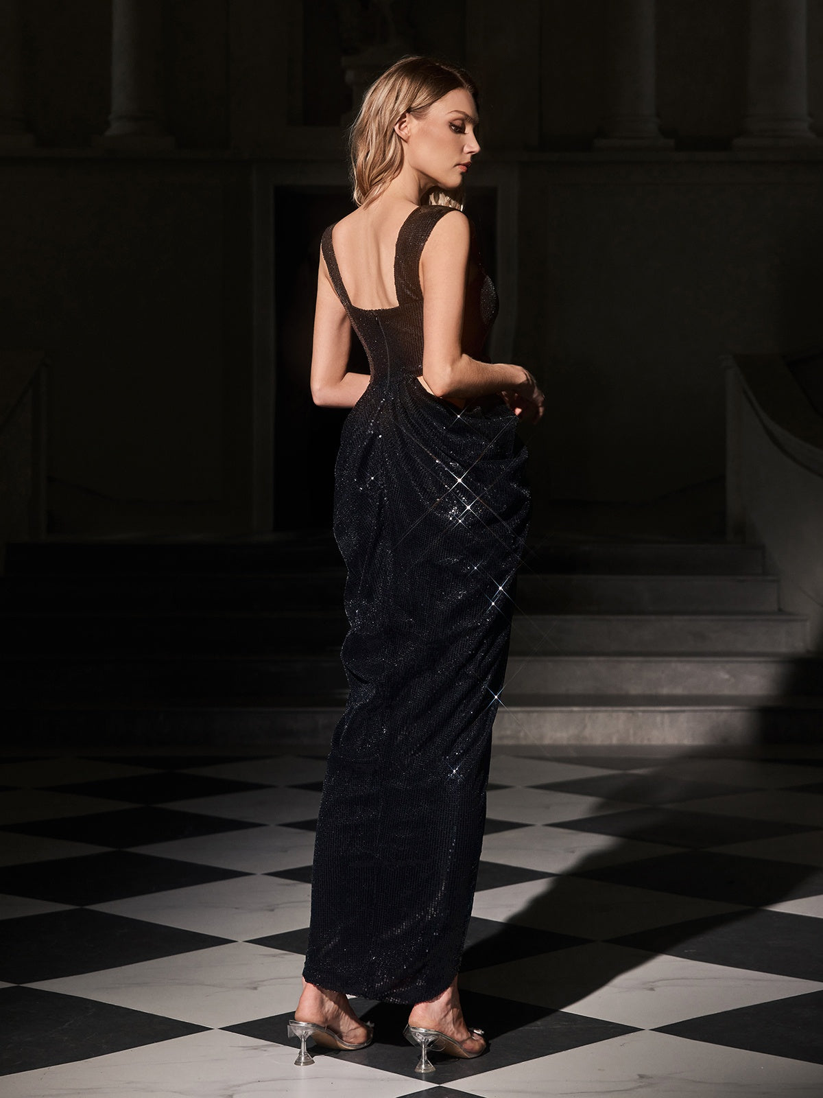 Sequin Square Neck Cut Out Flower Applique High Split Maxi Dress - View 6