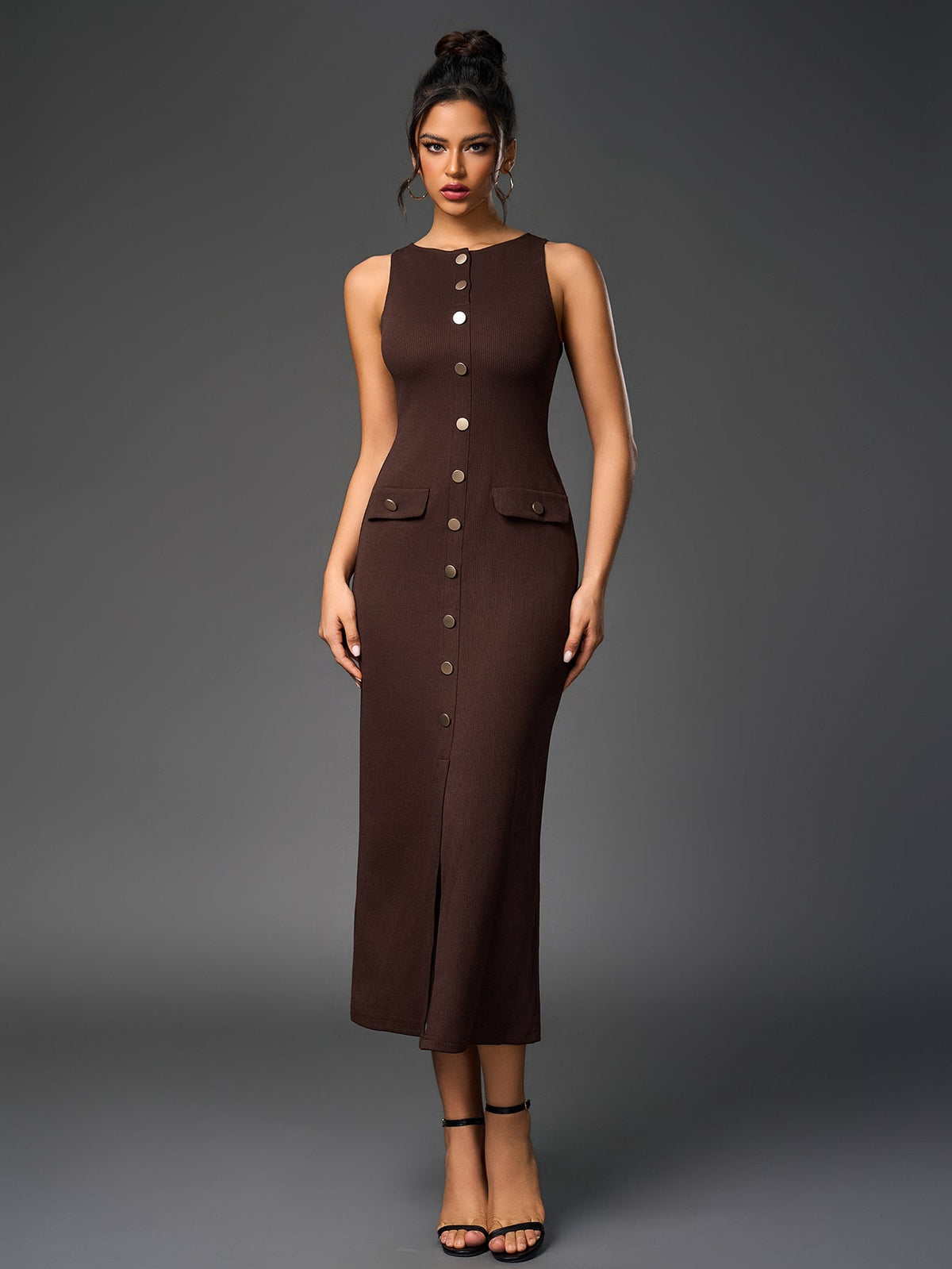 Ribbed Knit Sleeveless Button Front Split Bodycon Maxi Dress - View 5