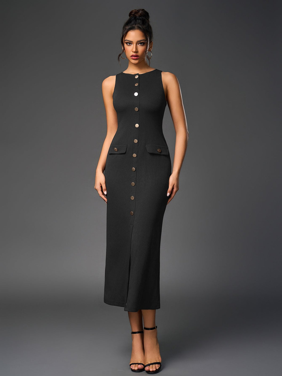 Ribbed Knit Sleeveless Button Front Split Bodycon Maxi Dress - View 16