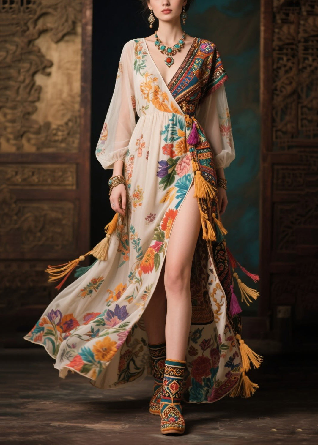Mixed Print Floral Wrap Tassel Trim Bishop Sleeve Maxi Dress