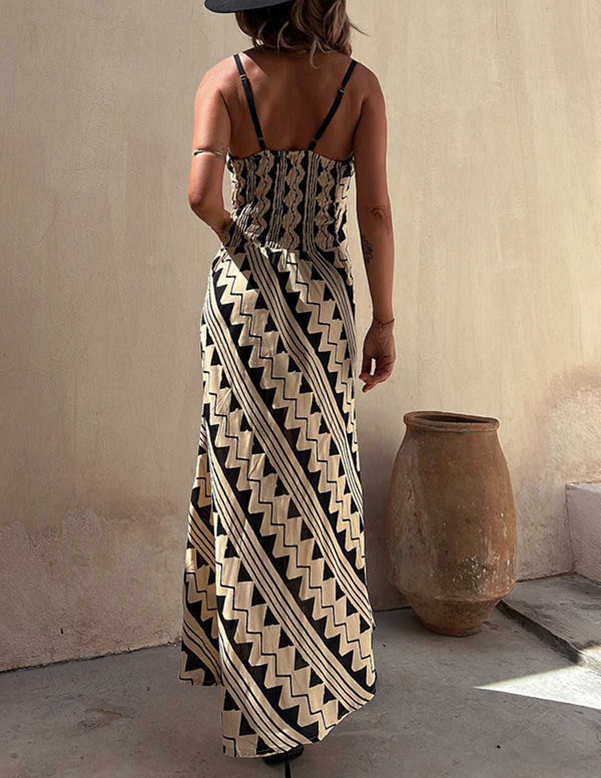 Exclusive Melody Satin Ethnic Print Smocked Back Midi Dress in White - View 2