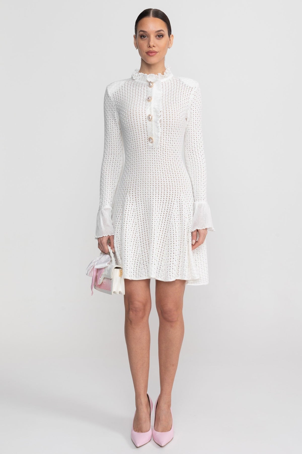 Open-Knit Mini Dress - White - View 2