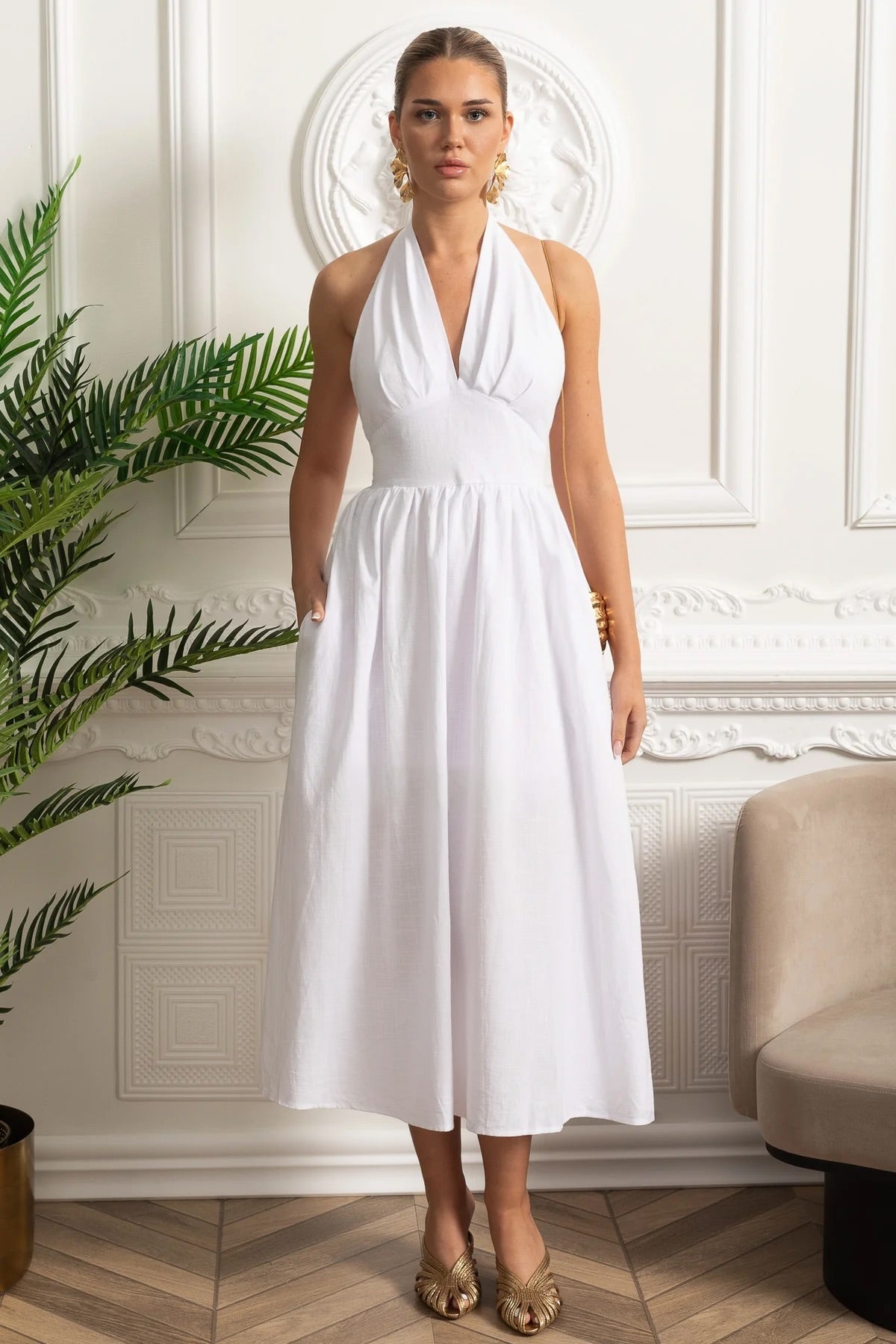 Halterneck Midi Dress With A-line Gathered Skirt - White