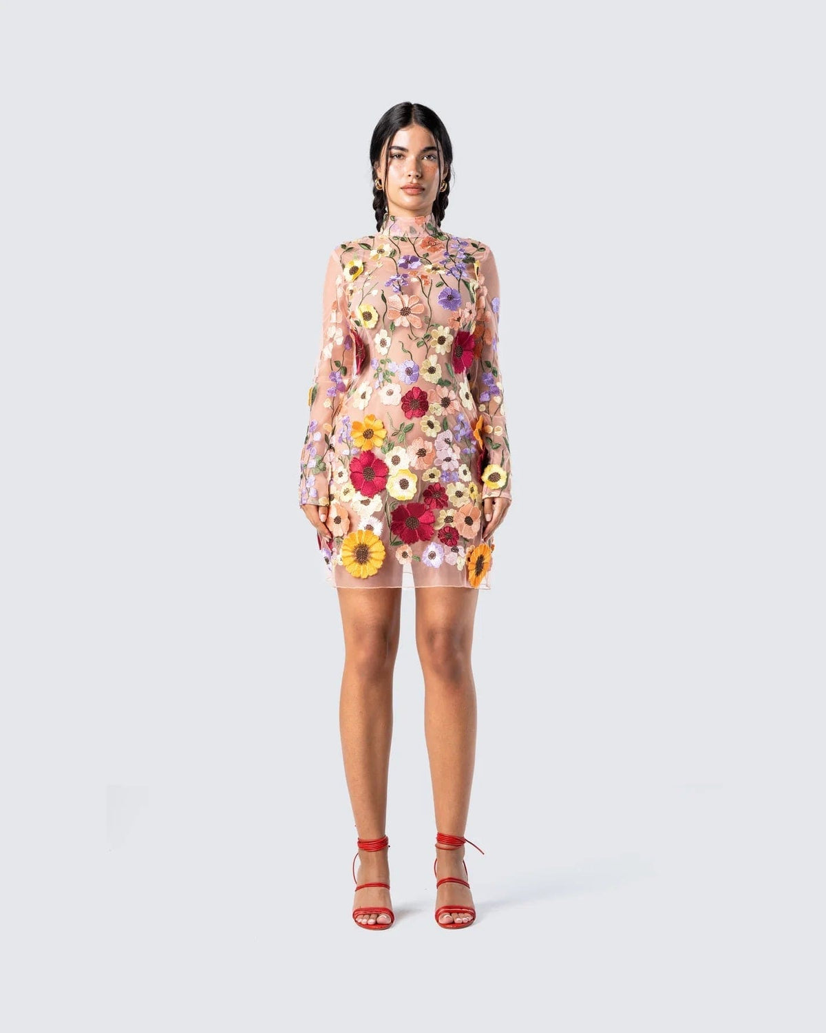 Mock Neck Long Sleeve Floral Embroidered Mesh Bodycon Mini Dress - View 4