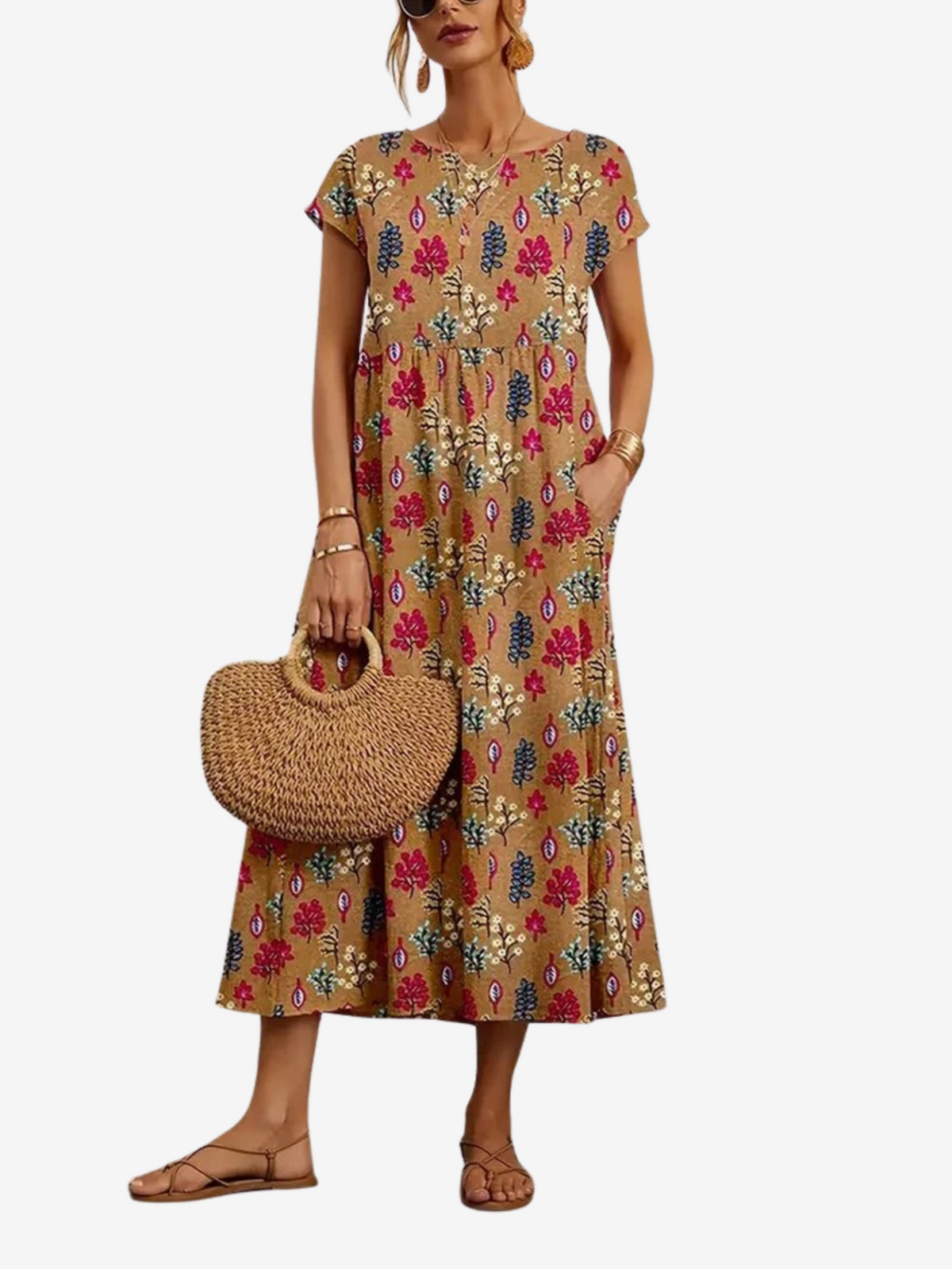 Floral Print A-Line Short Sleeve Maxi Dress