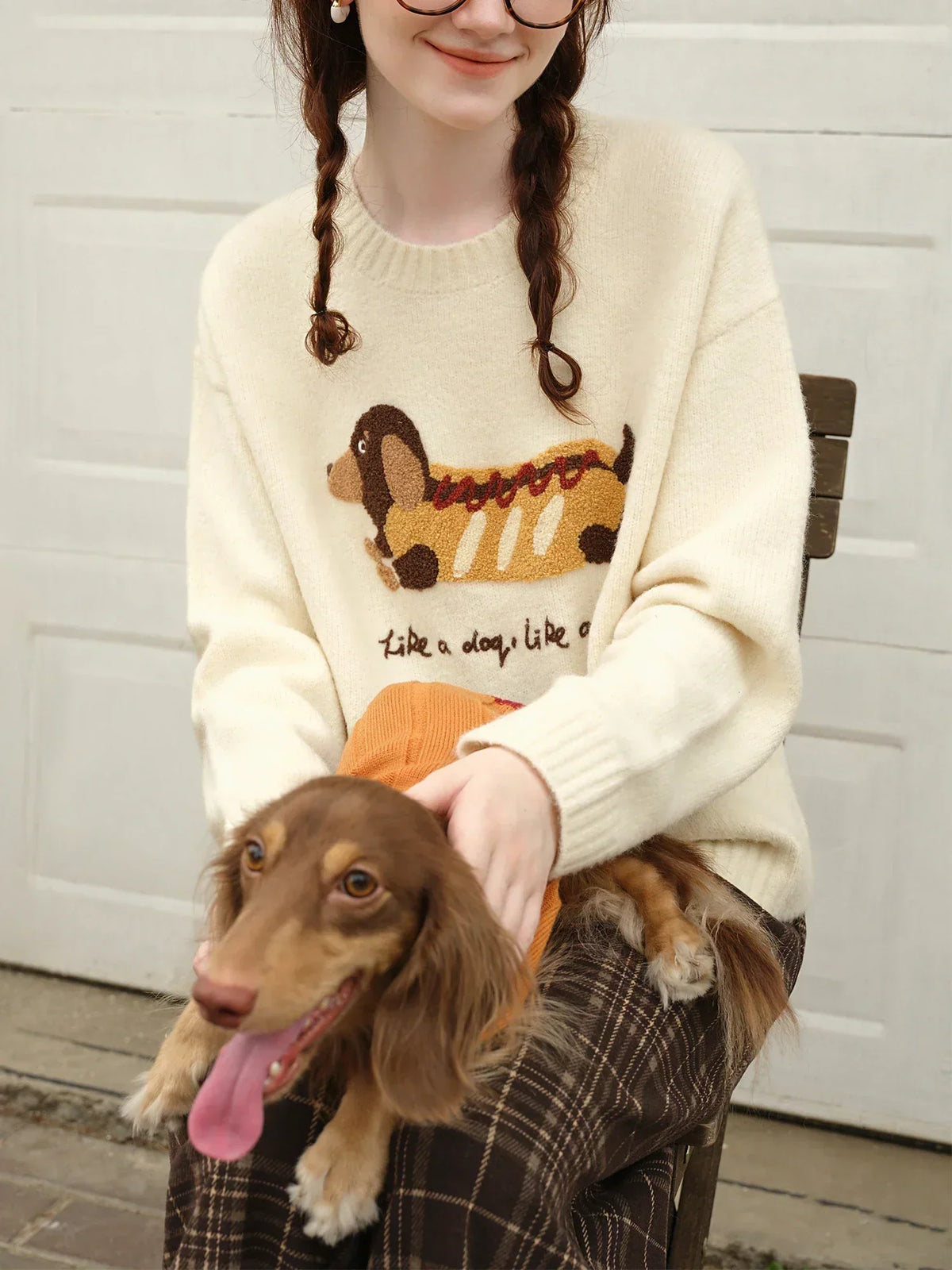 Embroidered Round Neck Drop Sleeve Sweater Beige / XS
