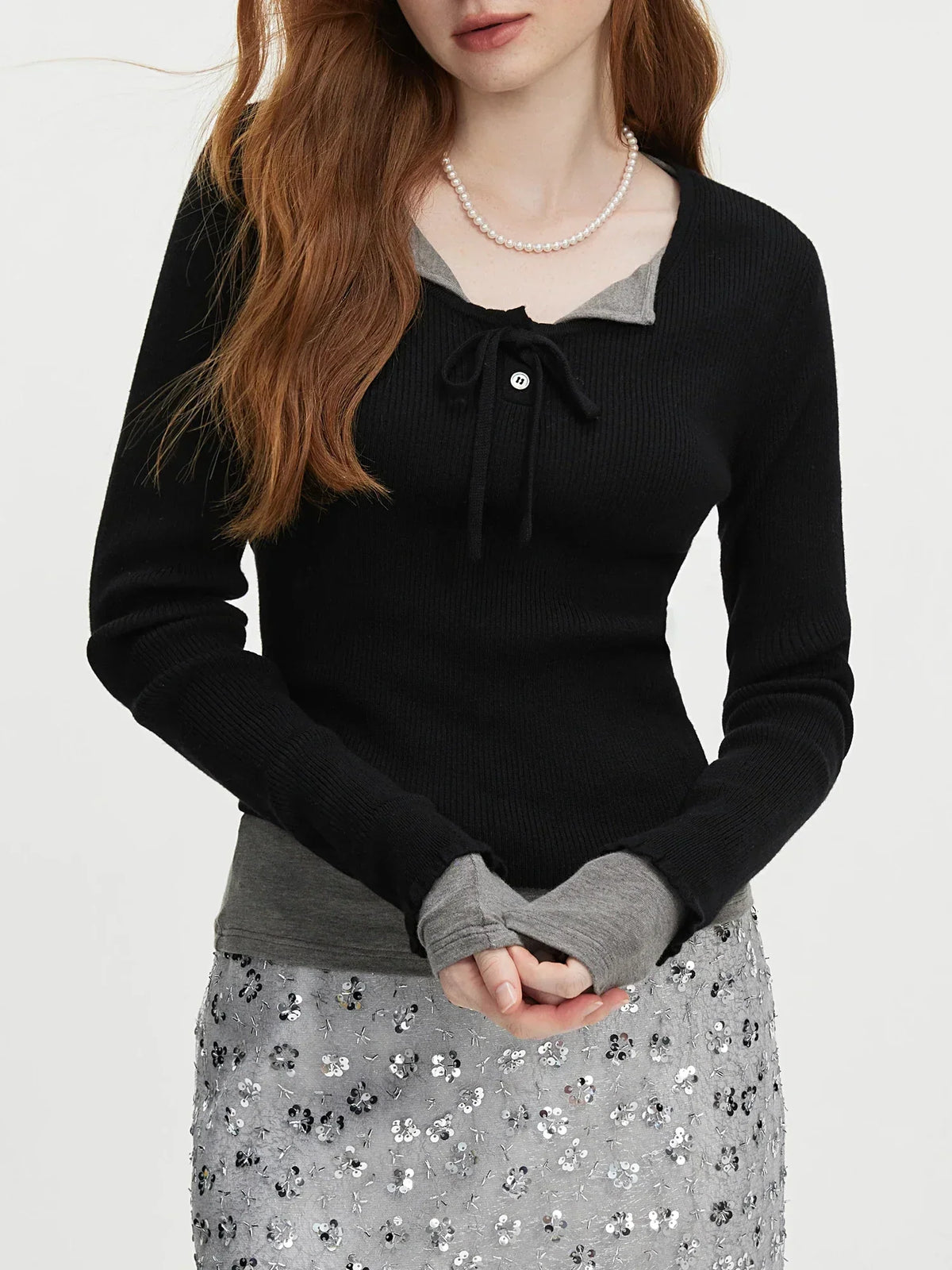 3.9% Wool U - Neck Lace - Up Slim Sweater Black / XS