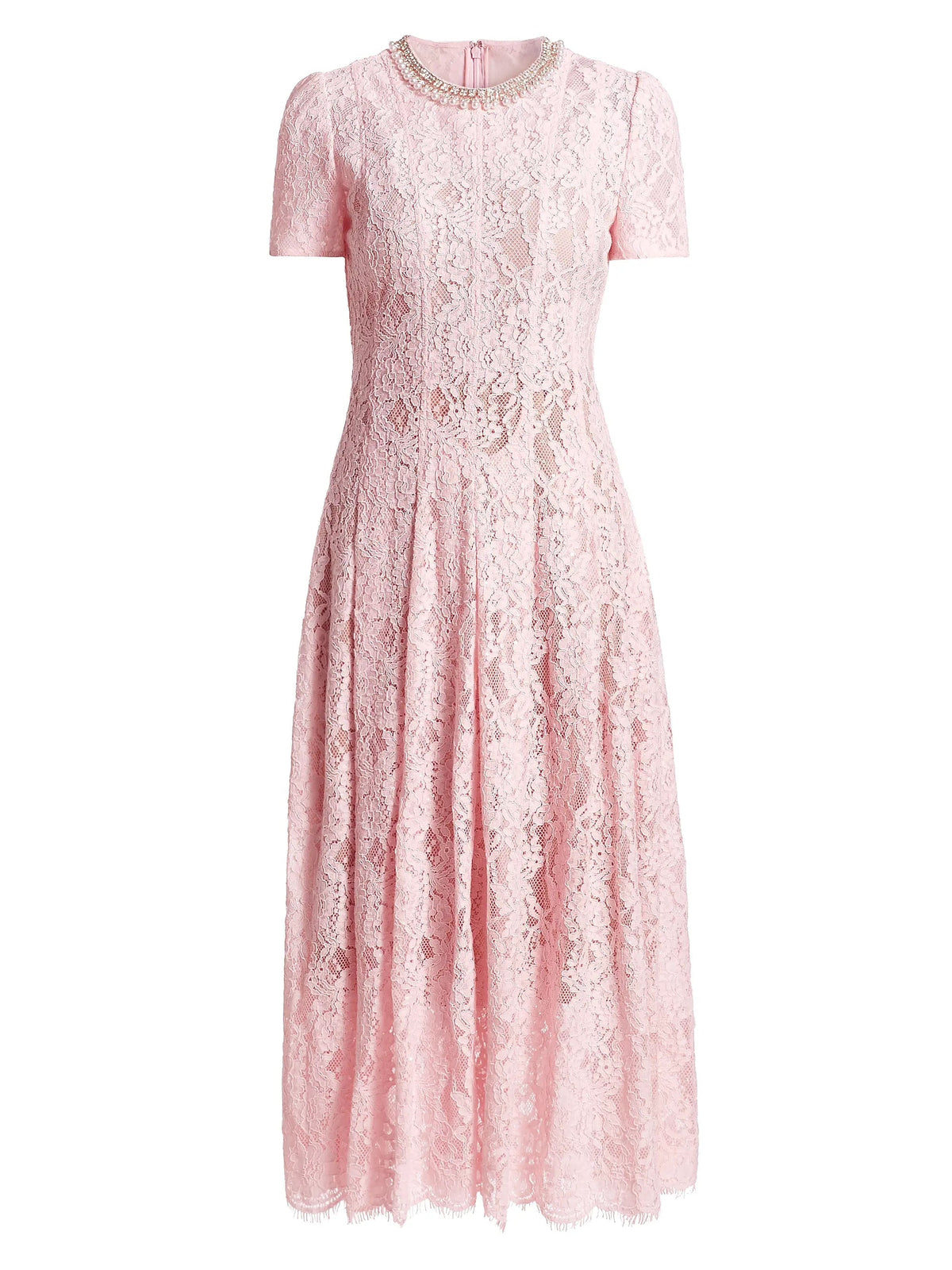 Lace Midi Dress with Crystal Embellished Collar - Pink - View 2