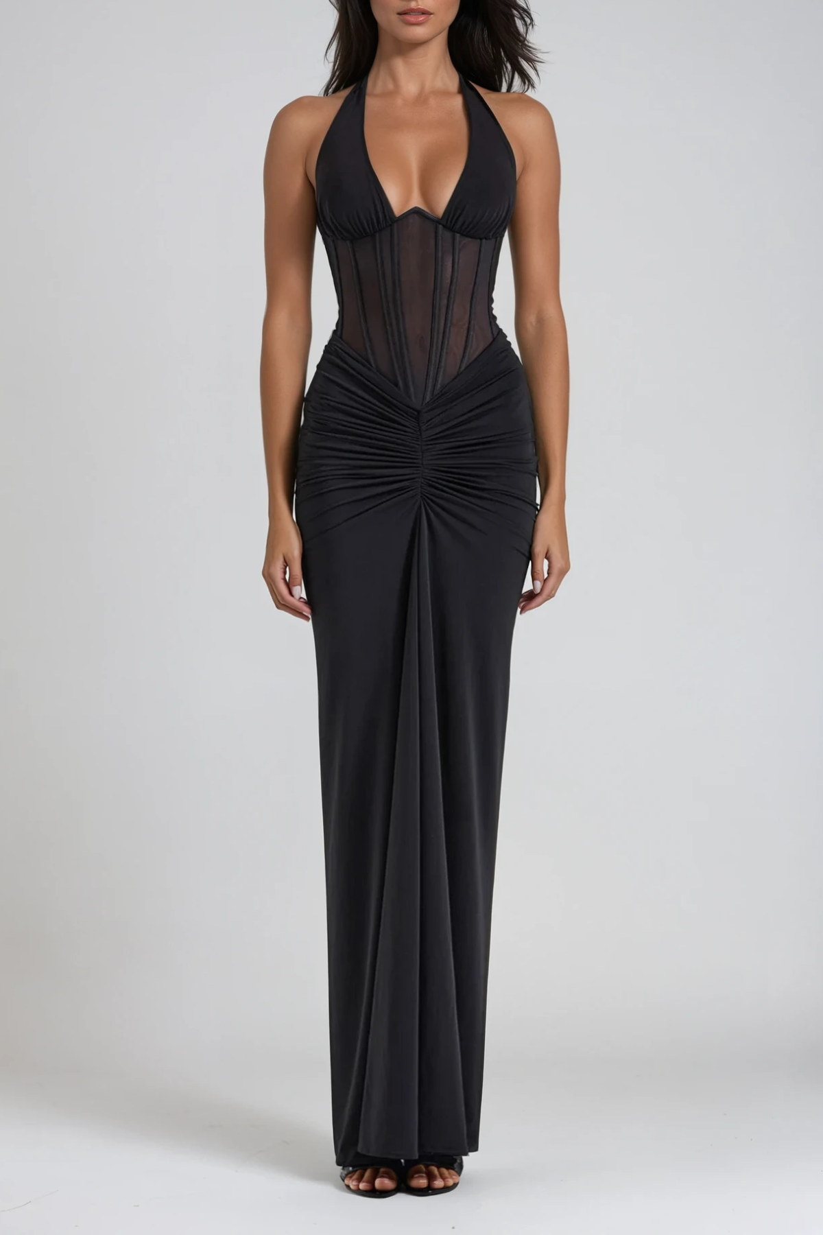 Halter Neck Corset Ruched Draped Maxi Gown
