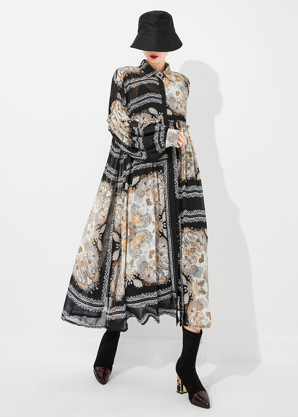 Chiffon Paisley Print Collar Button Front Maxi Shirt Dress